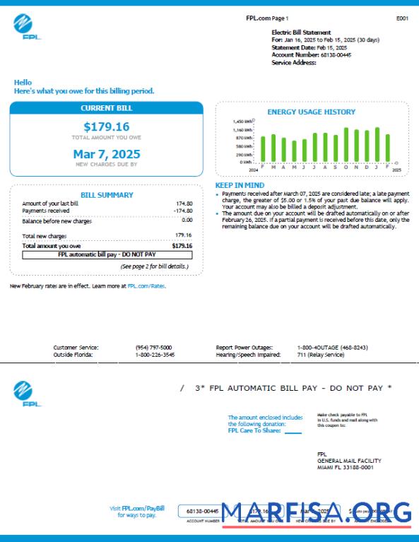 Realistic USA FPL utility bill template in Word and PDF formats, version 6
